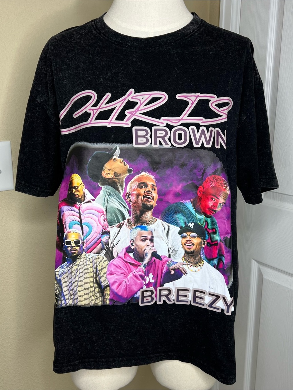 Chris Brown Graphic Tee in Black with Multicolor Print Oversized